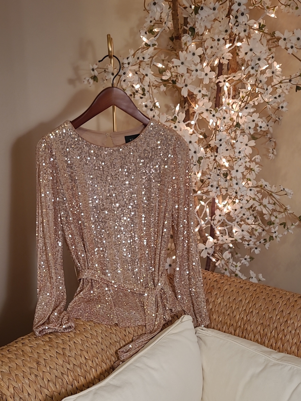 Vici Gold Sequin Cold Sleeve Belted Blouse